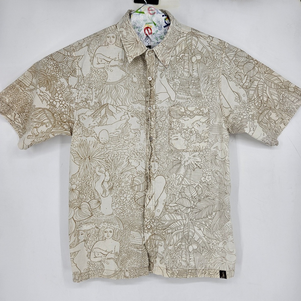 Hinano Tahiti Shirt Mens XL Hawaiian Short Sleeve Hula Dancers Floral FADED